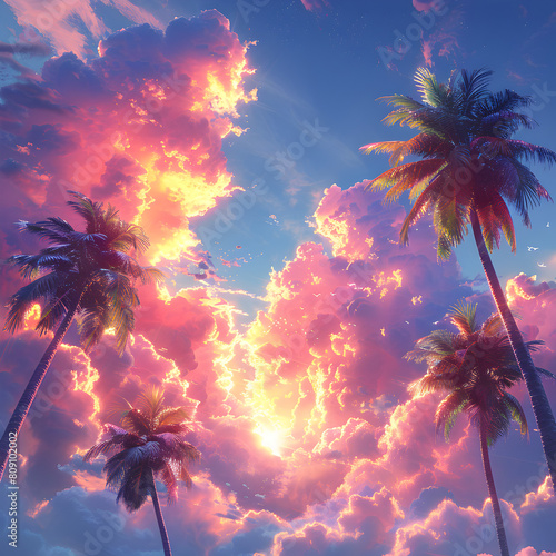 Palm trees against a backdrop of a clear blue sky create a classic tropical scene, evoking feelings of relaxation, warmth, and tranquility. The tall, slender trunks topped with lush green.