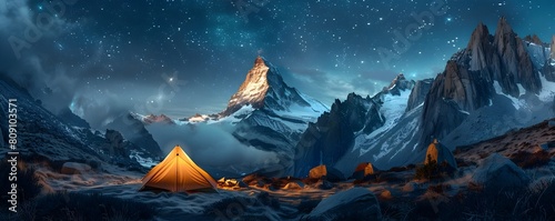 Camping Under the Starry Night Sky in a Majestic Mountain Valley Connecting with the Wilderness and Finding Natural Serenity