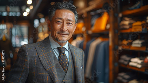 Elegant senior Asian man in a tailored suit at a luxury clothing store