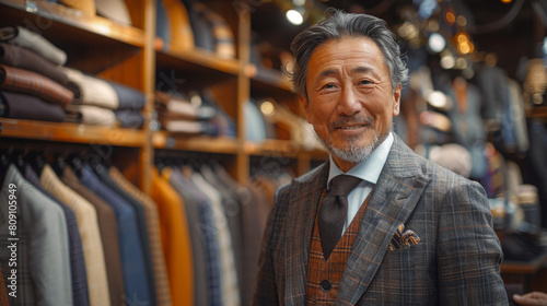 Elegant senior Asian man in a tailored suit at a luxury clothing store