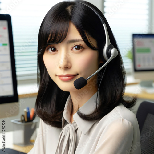 コールセンター・ヘッドホンをする若い女性・ポートレート. call center. AI generated. 