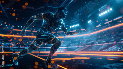Design a futuristic depiction of AI-enabled sports analytics, featuring sophisticated computer vision algorithms tracking athletes in real time, facilitating immediate performance evaluation, and empl