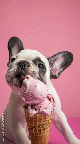 French bulldog puppy licking pink ice cream from a cone on a pink background