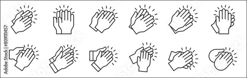 Hand clapping icon. Applause symbol. Hand claps icon set symbol of acclamation, compliment, appreciation, ovation, bravo, congratulation. Sign of applaud in outline graphic design and illustration.