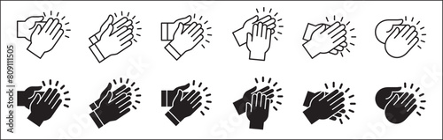 Hand claps icon set symbol of acclamation, compliment, appreciation, ovation, bravo, congratulation. Hand clapping icon. Applause symbol. Sign of applaud in outline graphic design and illustration.