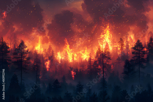 Illustration of a forest fire at night causing massive destruction due to global warming and human impact on the environment.