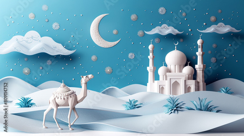 adorable camel, mosque, and Eid ul Azha greetings.