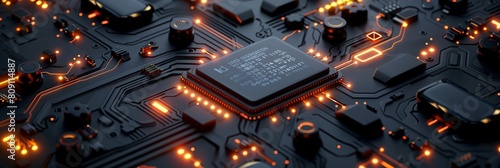 Close-up of computer cpu chip or motherboard background. Technology electronic abstract 3d black horizontal banner.