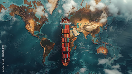 Cargo Ship on a Map-Themed Ocean Navigating Around Europe and Africa with Illuminated City Lights