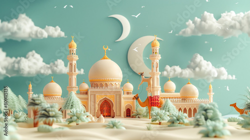 Islamic Eid ul Azha greetings with a delightful camel and mosque.
