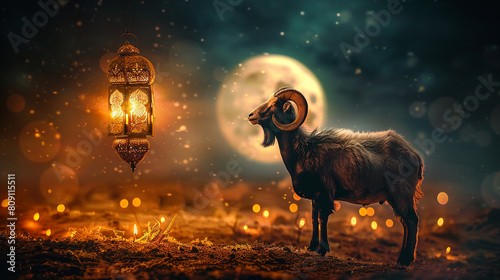 Traditional Eid ul Azha background with an endearing goat image.
