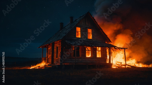 Abandoned Burnt-out house. Family detached home completely destroyed by fire. Ruins of a house damaged by fire. Prevention of fire safety.