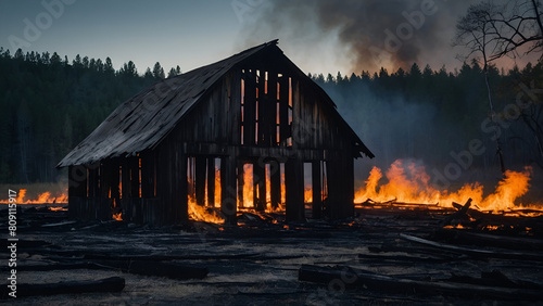 Abandoned Burnt-out house. Family detached home completely destroyed by fire. Ruins of a house damaged by fire. Prevention of fire safety.