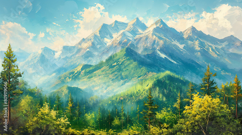 A painting of a mountain range with a forest in the foreground