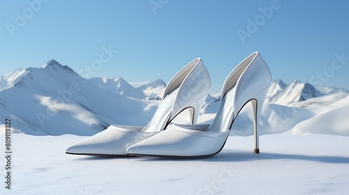 Generate an image of a pair of sleek white mules against a backdrop of snowy mountains and icy blue skies, embodying winter wonderland chic.