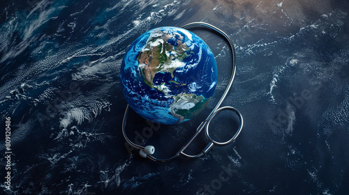 Stethoscope draped over Earth on Blue, advocating for global health.