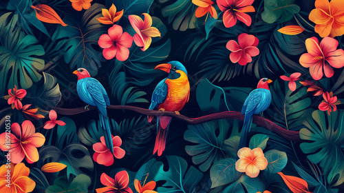 A colorful painting of three birds on a branch in a jungle