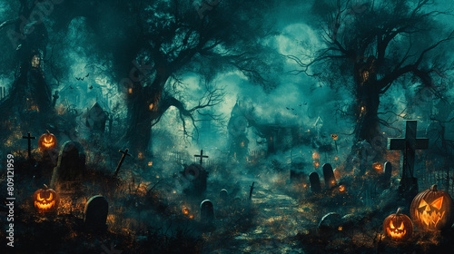 A Halloween themed painting of a graveyard with a cemetery full of gravestones