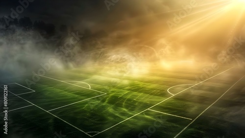 Dark toxic fog on green soccer field creates a foul stench. Concept Nature polluted, Soccer Weather, Unpleasant Smell, Environmental Concern, Hazards of Toxicity