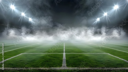 A noxious fog blankets a soccer field in darkness, emitting a foul odor. Concept Mysterious fog, Soccer field, Darkness, Odor, Sinister atmosphere