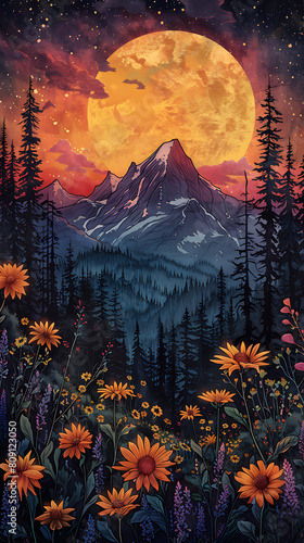 Collage Artistique Nocturne de Montagne et Fleurs sous la Pleine Lune