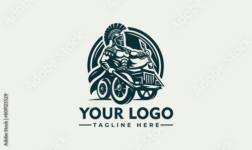 gladiator in chariot vector logo roman gladiator in wheel cart riding horses. ancient greek sport with racehorses. man standing in carriage during horseracing. flat vector illustration