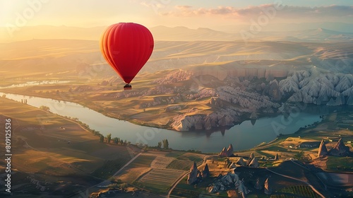 Red hot air balloon soaring high above picturesque landscapes, adventurous and breathtaking.