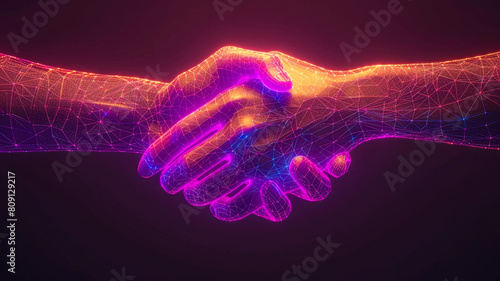 Two wire-frame glowing hands, handshake, technology, business, trust