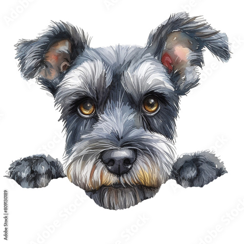 miniature schnauzer watercolor art peeking dog portrait clipart