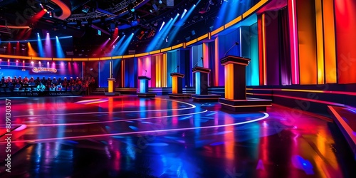 Elaborate game show set with podiums buzzers and large audience area. Concept Game Show Set Design, Podiums & Buzzers, Large Audience Area, Elaborate Stage Lighting