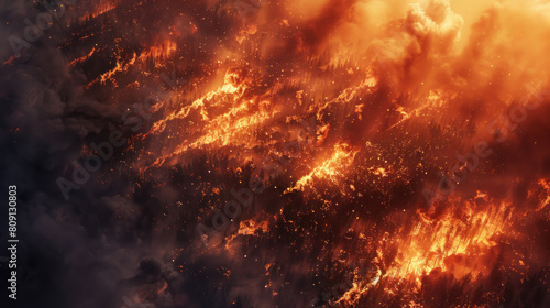 Forest Fire Fury, Massive wildfire engulfing an entire forest, Smoke and flames visible from space, Intense depiction of heatwaves