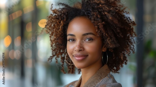 An african american businesswoman with afro braids is standing against a building facing away while smiling confidently and wearing a stylish outfit