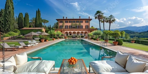 A luxurious villa overlooks a panoramic pool with breathtaking views of the Tuscan landscape and rolling hills
