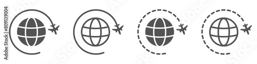 Set of travel icon with plane and planet. World or international travel, airplane fly around the earth. Globe symbol, planet earth. Vector. EPS10.