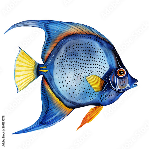 Tropical fish watercolor painting isolated on white background. A blue tang fish watercolor illustration, clipart, blue fish.