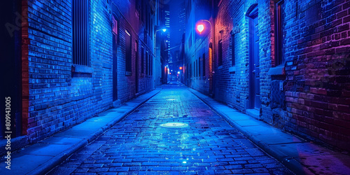 An old, narrow brick street in a historic town, illuminated by street lamps at night.