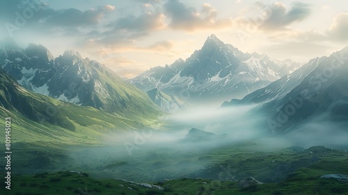 Majestic Mountain Valley at First Light Serene Wilderness Landscape with Misty Peaks Basking in the Dawn s Glow