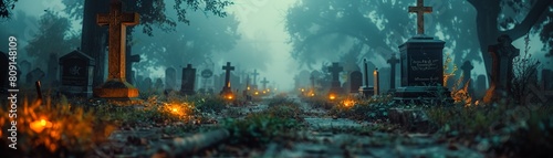 Nights embrace Graveyard illuminated by moonlight, tombstones glowing softly, creating an enchanted ambiance 8K , high-resolution, ultra HD,up32K HD