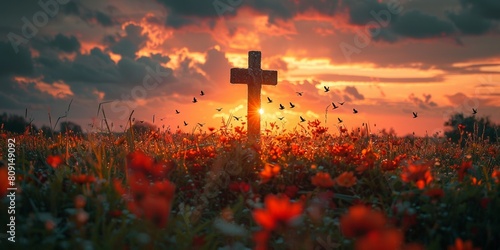 Silhouette of a cross at sunset in a meadow, symbolizing spiritual salvation, faith, and resurrection.