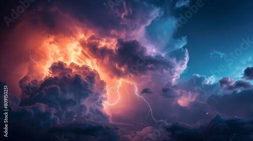 Close-up image of lightning striking dramatic sky with dark clouds and brilliant light