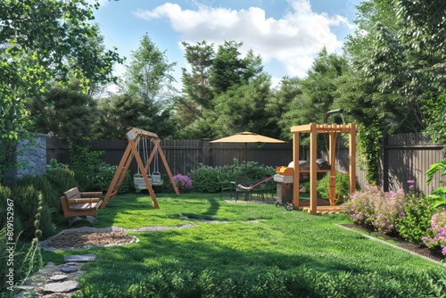 A backyard featuring a swing set and garden in the outdoor space, A backyard garden with a swing set and a barbecue grill waiting to be fired up
