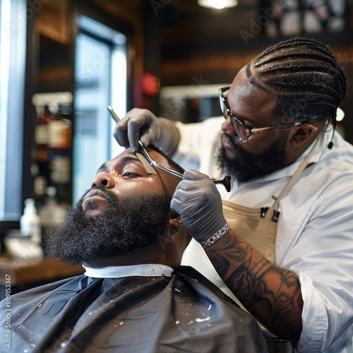 A man sitting in a barber chair while a barber carefully trims his hair, A barber carefully trimming a customer's beard with precision
