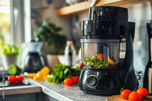 A black food processor with suction feet for stability, ensuring safe and efficient processing.