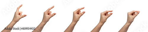 Woman showing size with hand gesture, small to large. Person s finger movements, white background