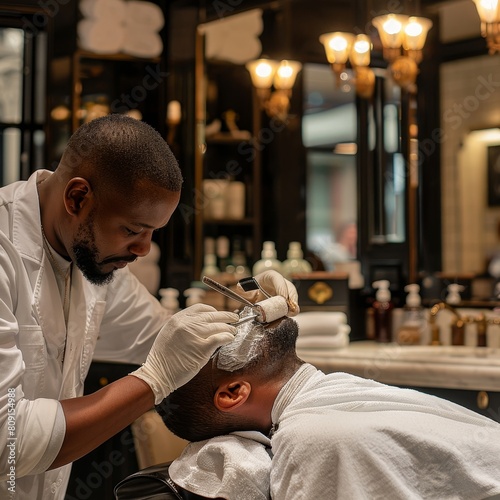 A man sits in a barber chair, receiving a haircut from a barber using hot towels and straight razors, A barber using hot towels and straight razors for a luxurious shave experience