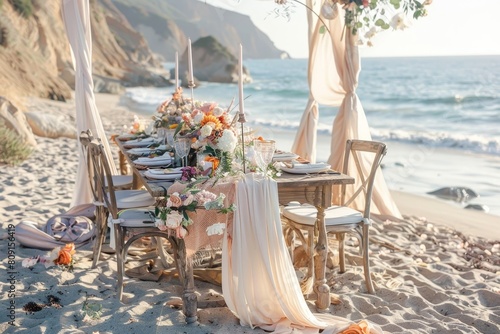 A table is elegantly arranged on the sandy beach, set up for a wedding celebration with a bohemian vibe, A beachside celebration with a bohemian vibe and flowing fabrics