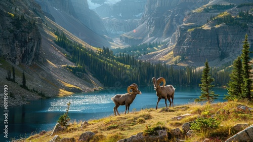 bighorn sheep traversing the rugged terrain of the Canadian Rocky Mountains, with a stunning backdrop of mountain peaks and a tranquil lake, creating a breathtaking landscape.