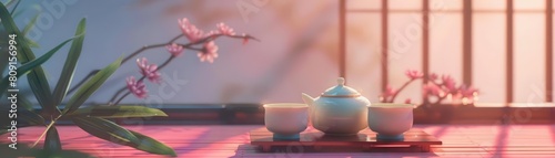 A Chinese art style creative design elevates a traditional tea ceremony, using delicate porcelain patterns as a backdrop for a synth wave template