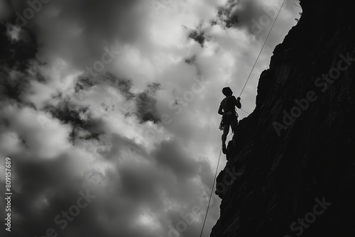 A man securely climbs up the steep side of a mountain while being belayed by another climber, A belayer secures the rope as the climber ascends, their silhouette a stark contrast against the sky