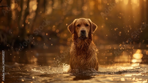 A serene golden retriever stands in the water bathed in the warm light of the sunset with sparkles around